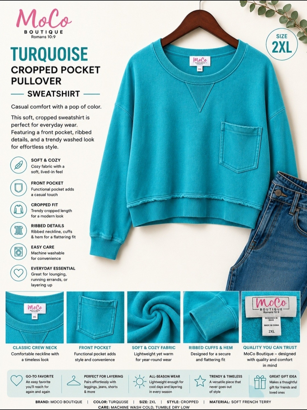 Turquoise Cropped Pocket Pullover Sweatshirt